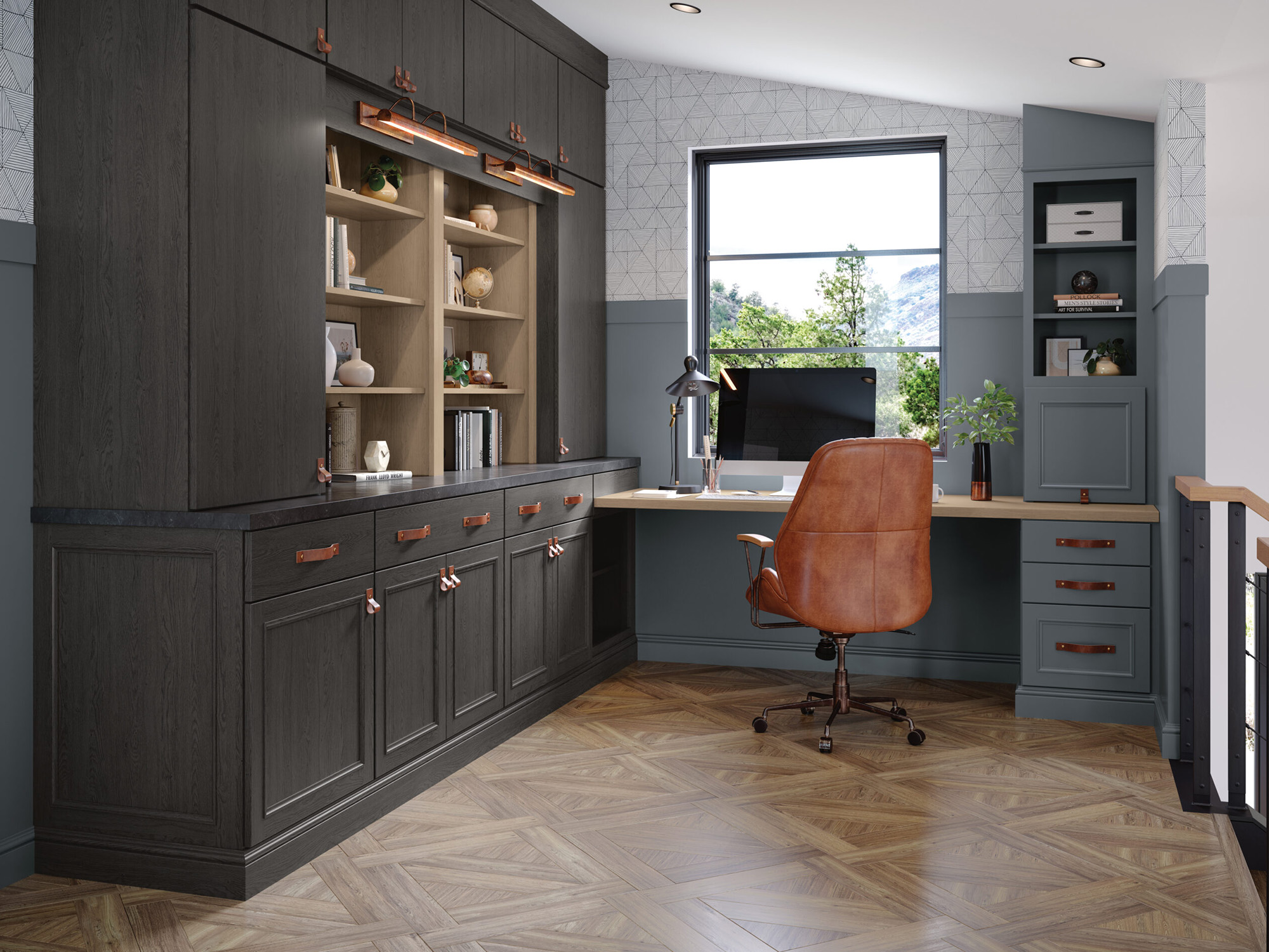 Home Office with Wood Shelves