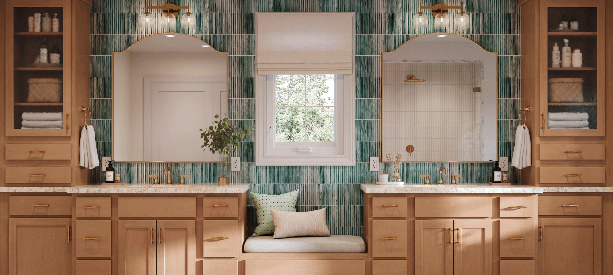 Bath vanity on tiled floor