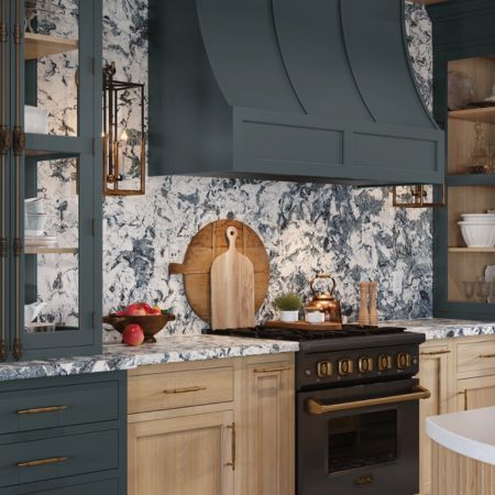 white and blue tile backsplash in kitchen